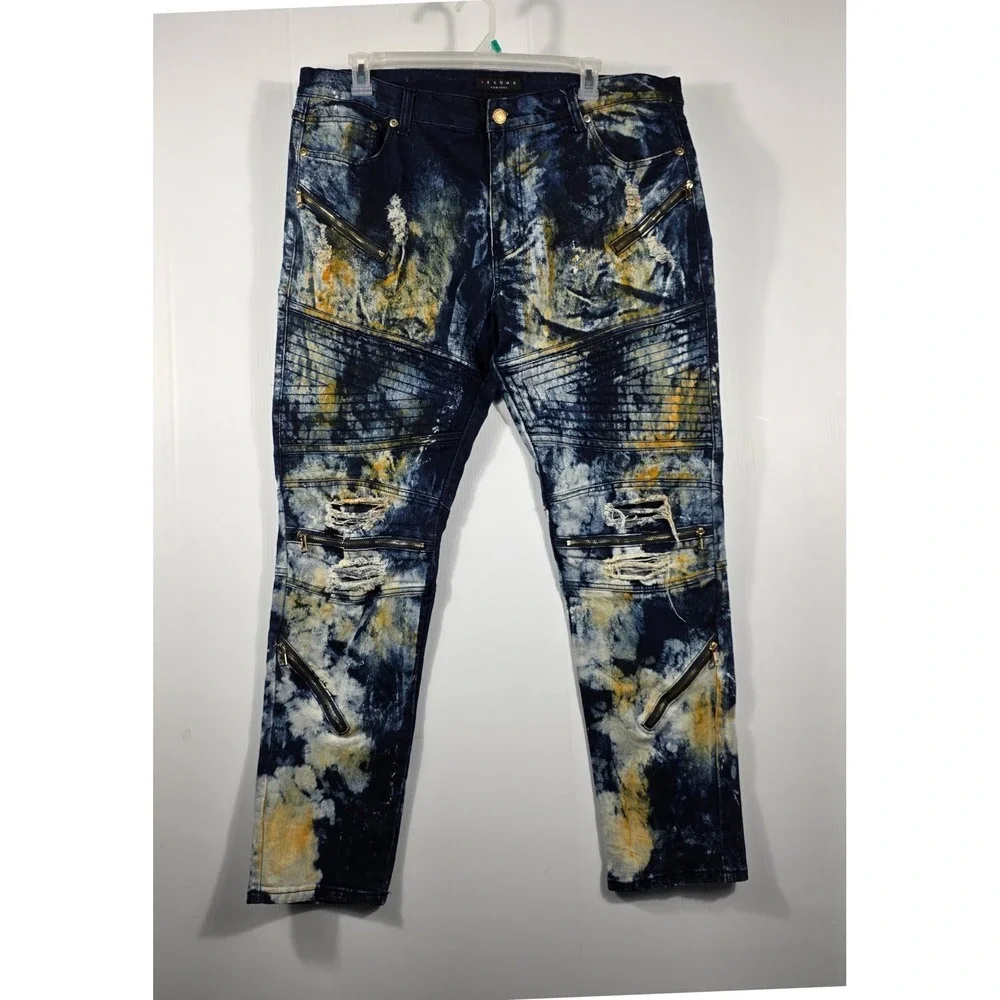 Krome New York Mens 42x32 Moto Biker Jean Acid Wash Distressed Blue Yellow Splat